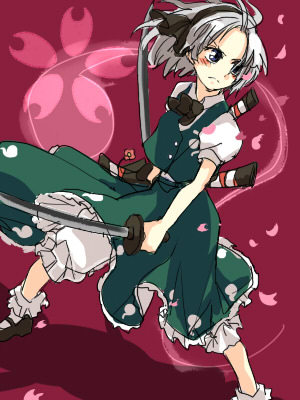 popoin, konpaku youmu, konpaku youmu (ghost), touhou, silver hair, lowres, 1girl, bloomers, dual wielding, female focus, hairband, hitodama, holding, katana, solo, sword, tanto, underwear, weapon, white bloomers