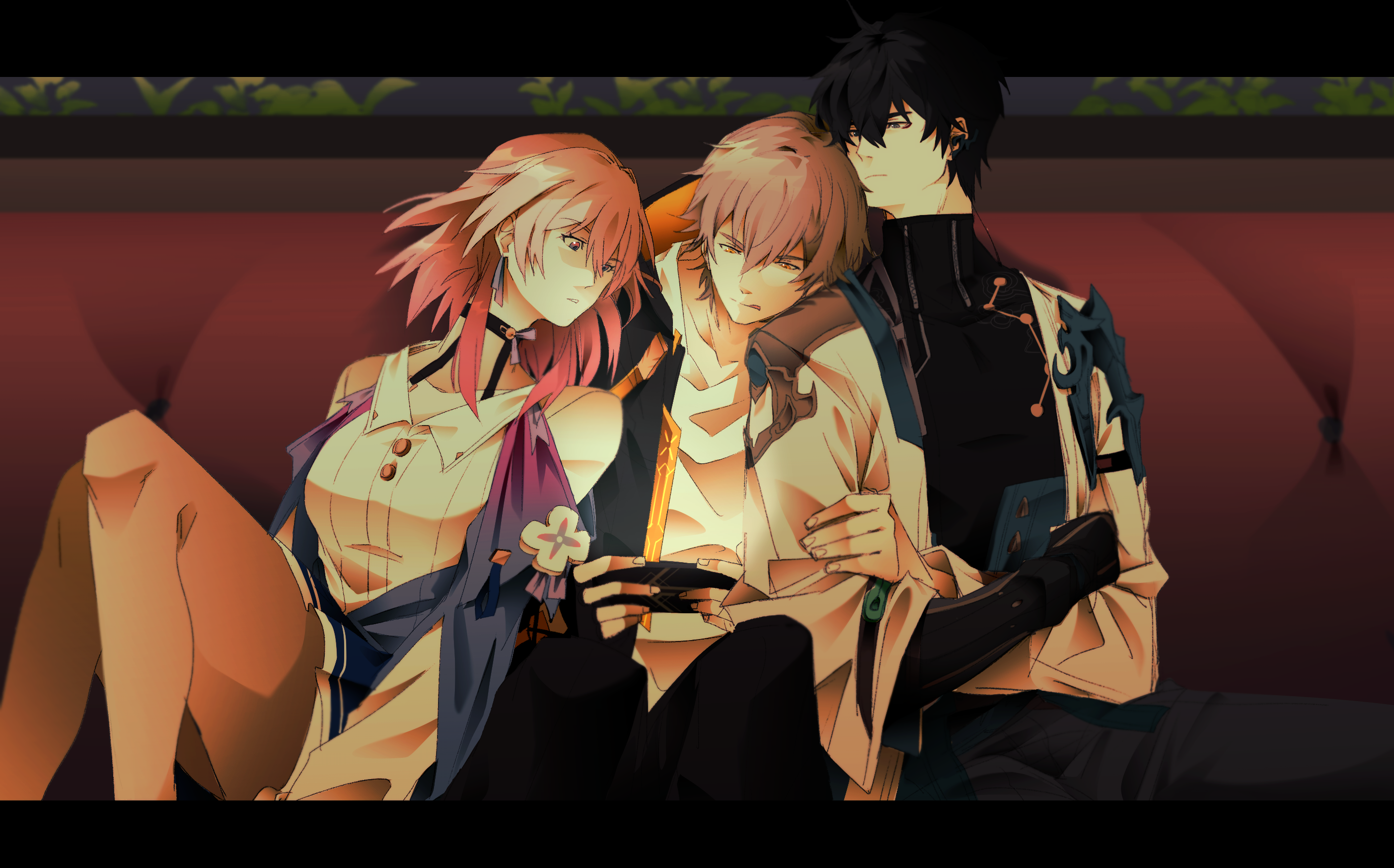hiffuu, caelus (honkai: star rail), dan heng (honkai: star rail), march 7th (honkai: star rail), trailblazer (honkai: star rail), honkai: star rail, honkai (series), highres, 1girl, 2boys, black hair, crossed arms, grey hair, handheld game console, jacket, medium hair, multiple boys, pink hair, short hair, yellow eyes