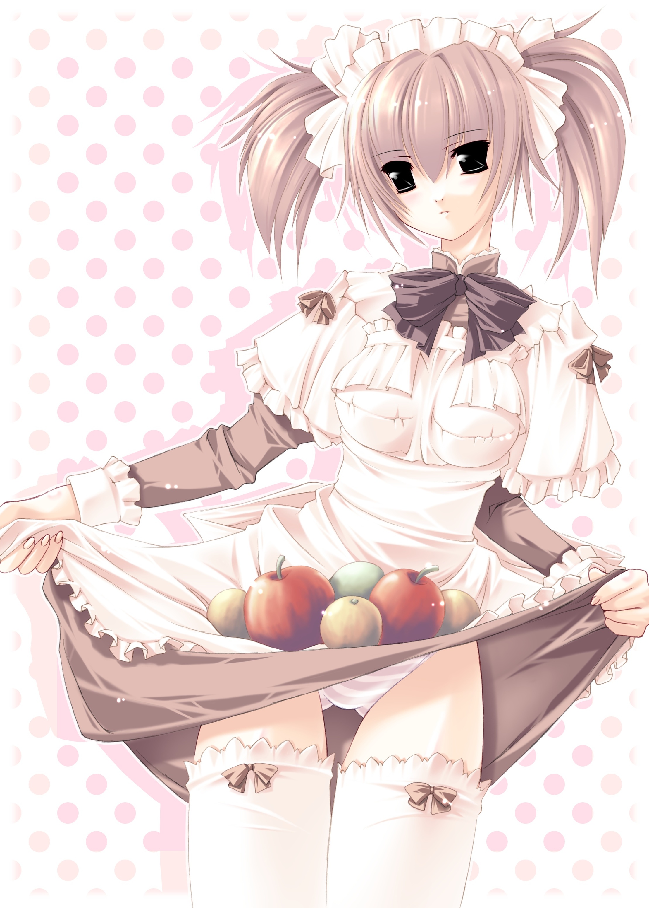 jian, original, absurdres, highres, apple, black eyes, blush, clothes lift, food, fruit, hair ornament, maid, panties, short hair, skirt, skirt lift, striped clothes, striped panties, thighhighs, twintails, underwear