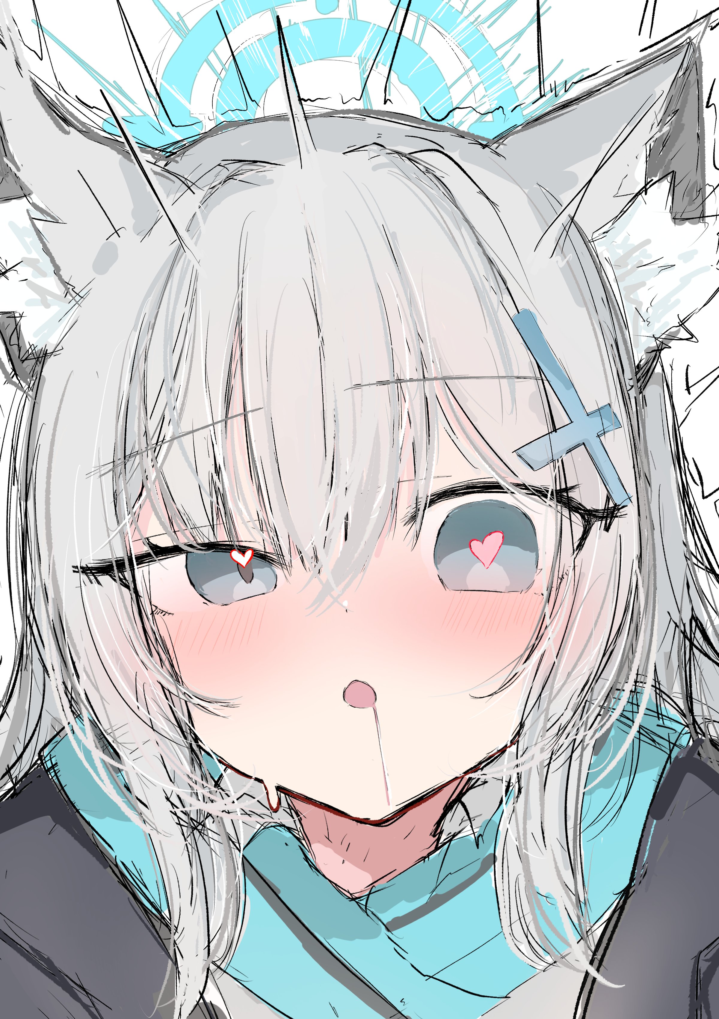 yuxu, shiroko (blue archive), blue archive, absurdres, highres, 1girl, animal ear fluff, animal ears, black jacket, blue eyes, blue scarf, blush, close-up, cross hair ornament, drooling, hair between eyes, hair ornament, half-closed eye, halo, heart, heart-shaped pupils, heart in eye, implied sex, jacket, long hair, looking at viewer, ohhoai, open mouth, saliva, scarf, shirt, sketch, solo focus, surprised, symbol-shaped pupils, symbol in eye, white background, white hair, white shirt, wolf ears