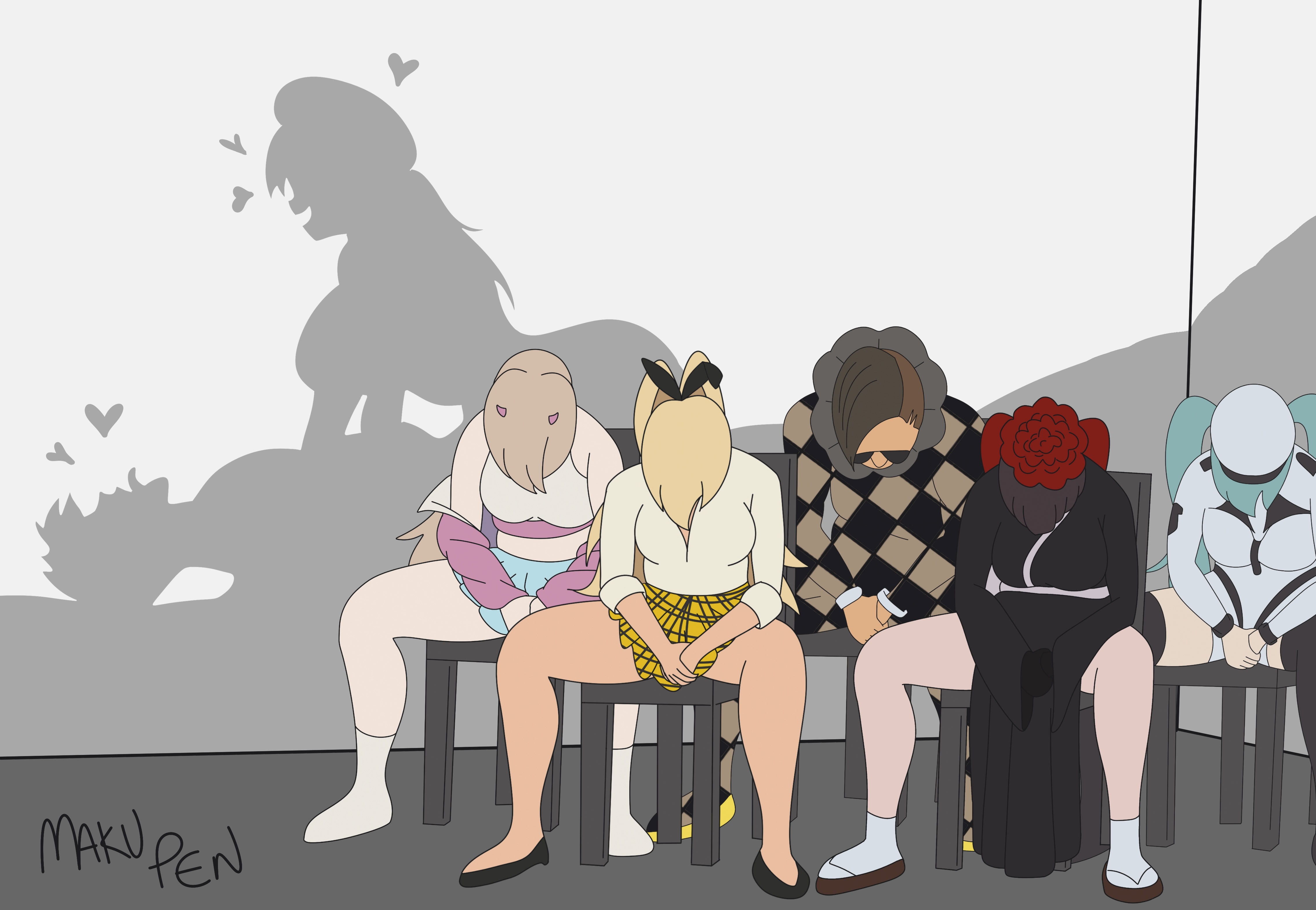maku pen, commander (nikke), mustang (nikke), privaty (nikke), rapi (nikke), rupee (nikke), sakura (nikke), viper (nikke), goddess of victory: nikke, absurdres, highres, 2boys, 5girls, blonde hair, blue hair, brown hair, chair, long hair, multiple boys, multiple girls, on chair, sex, shadow, sitting
