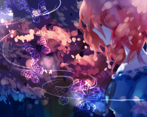 popoin, saigyouji yuyuko, touhou, lowres, 1girl, bug, butterfly, female focus, pink hair, solo, upper body