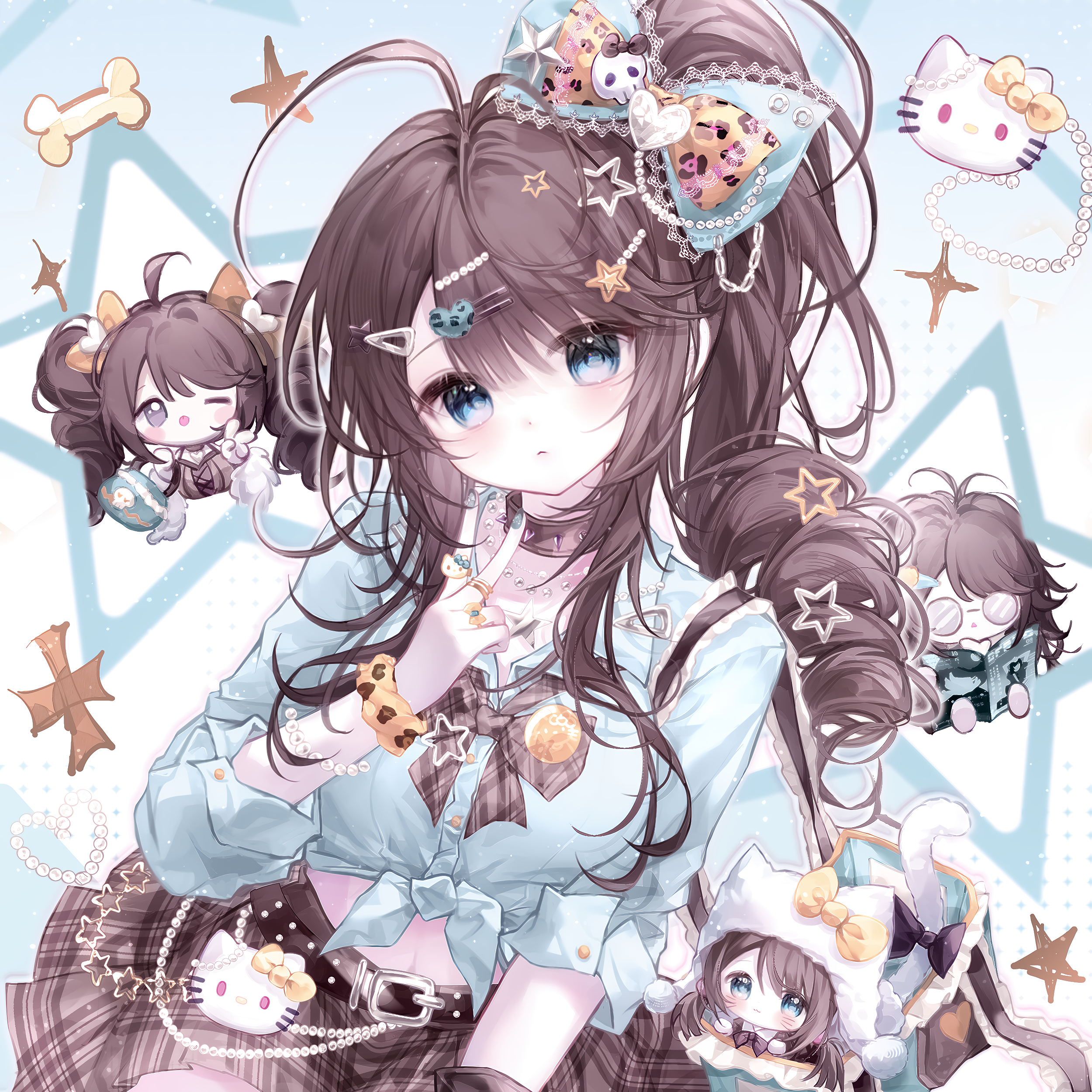 camao, original, absurdres, highres, 1girl, ahoge, bag, belt, blue eyes, blue shirt, book, bow, bowtie, bracelet, brown hair, chibi, chibi inset, choker, drill hair, glasses, hair bow, hair ornament, hairclip, holding, jewelry, long hair, looking at viewer, one eye closed, plaid bow, plaid clothes, plaid skirt, ring, shirt, side ponytail, skirt, star (symbol), star hair ornament, star symbol