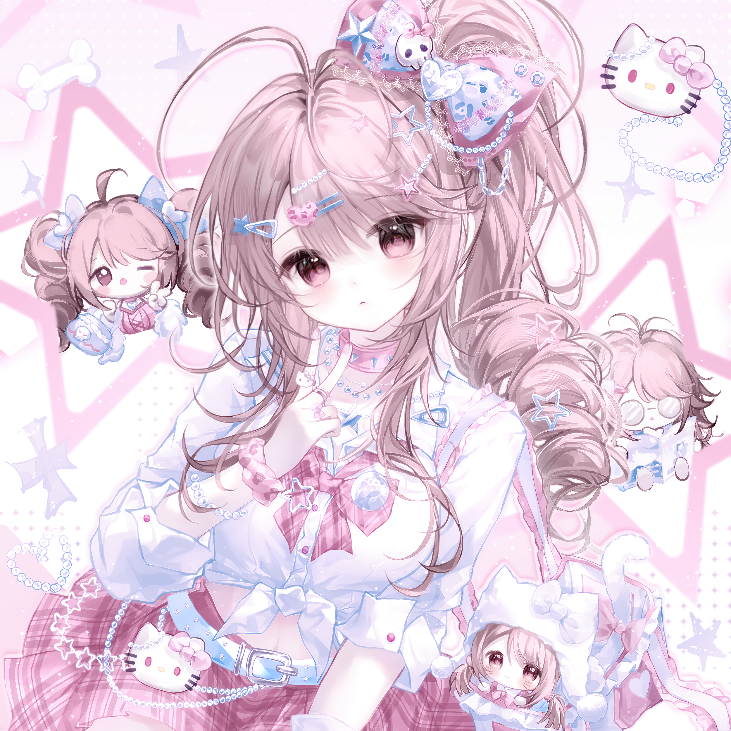 camao, original, absurdres, highres, 1girl, ahoge, antenna hair, beads, belt, blush, bow, bracelet, brown hair, chibi, collar, collared shirt, drill hair, frills, glasses, hair bow, hair ornament, hairclip, jewelry, long hair, looking at viewer, midriff, necklace, one eye closed, pearl gemstone, pink bow, pink eyes, pink hair, pink skirt, plaid clothes, plaid skirt, ring, sailor collar, shirt, skirt, star symbol, white shirt