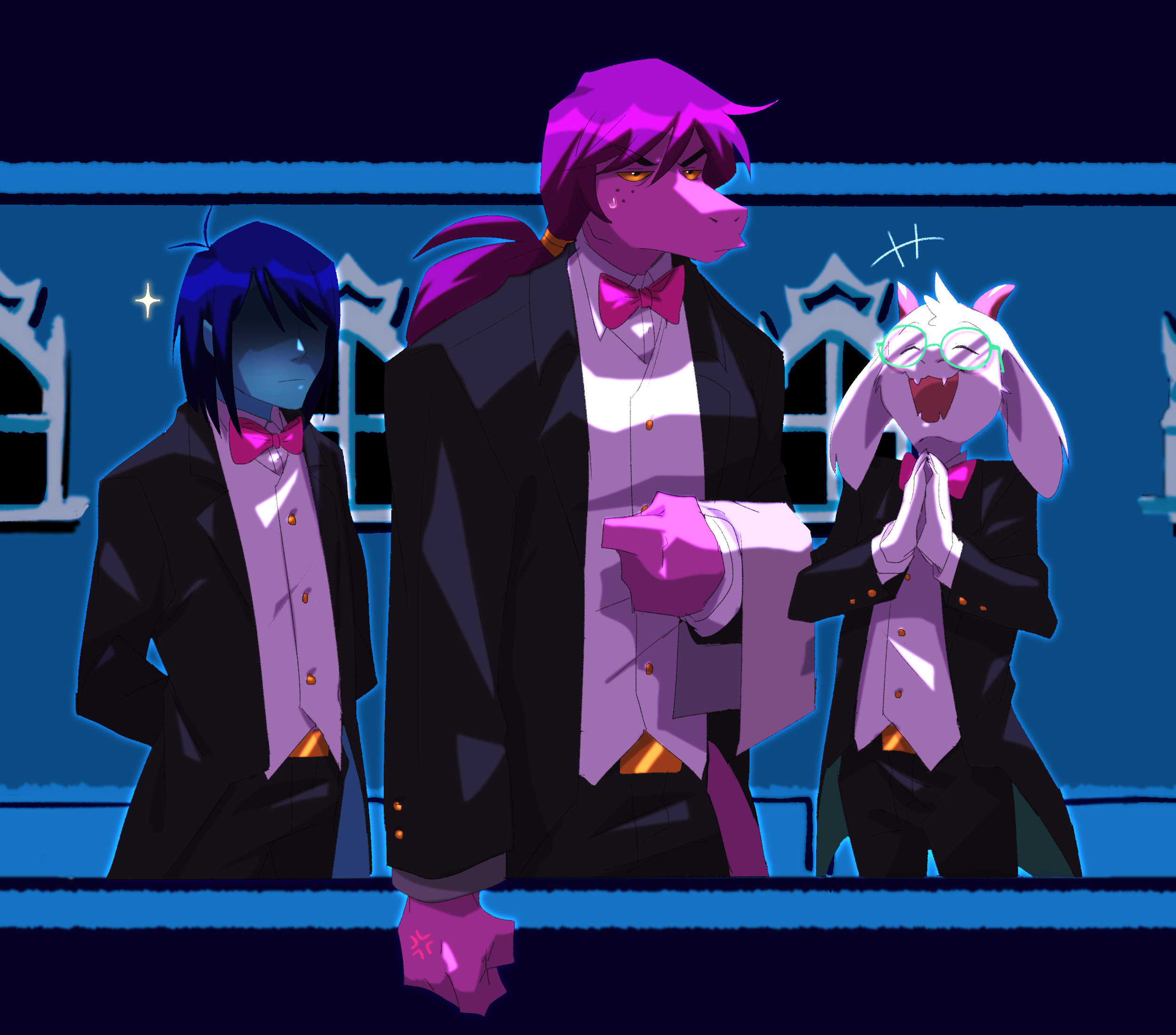 hiffuu, kris (dark world) (deltarune), kris (deltarune), ralsei, susie (deltarune), deltarune, utdr (toby fox), highres, anger vein, animal ears, aqua-framed eyewear, aqua skin, black suit, blue hair, colored sclera, colored skin, formal clothes, goat boy, goat ears, goat horns, horns, own hands together, ponytail, purple hair, purple skin, reptile girl, round eyewear, shaded face, short hair, suit, upper body, yellow sclera