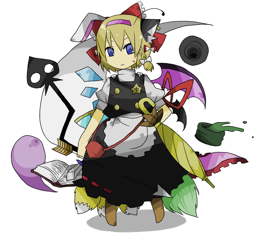marisu, alice margatroid, chen, cirno, daiyousei, ex-keine, flandre scarlet, fujiwara no mokou, hakurei reimu, hong meiling, houraisan kaguya, ibuki suika, izayoi sakuya, kamishirasawa keine, kazami yuuka, kirisame marisa, koakuma, konpaku youmu, konpaku youmu (ghost), medicine melancholy, nagae iku, patchouli knowledge, reisen udongein inaba, remilia scarlet, shameimaru aya, wriggle nightbug, yagokoro eirin, yakumo ran, yakumo yukari, touhou, annotated, bad id, bad pixiv id, 1girl, animal ears, antennae, bat wings, blonde hair, blue eyes, book, braid, cat ears, cat girl, cat tail, chimera, chimerism, earrings, female focus, fox tail, fusion, hairband, jewelry, kemonomimi mode, knife, looking at viewer, rabbit ears, ribbon, short hair, solo, tail, throwing knife, umbrella, weapon, wings