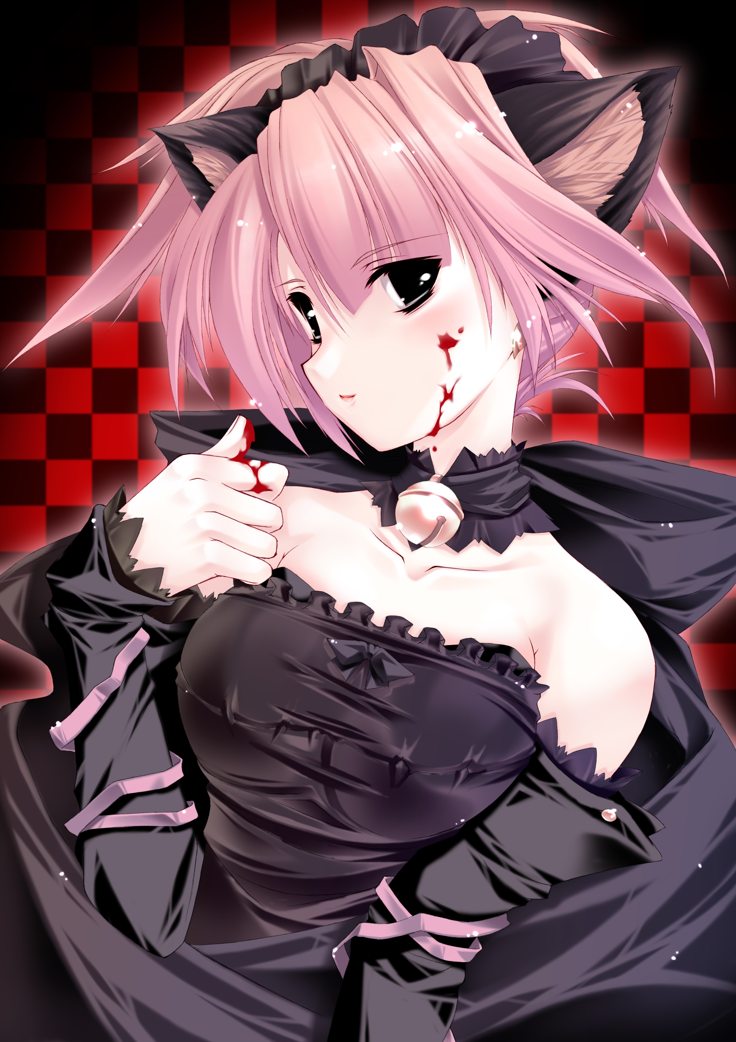 jian, absurdres, highres, animal ears, bare shoulders, bell, black eyes, blood, blood on face, blush, cat ears, checkered background, dress, goth fashion, neck bell, pink hair, ribbon, short hair, solo