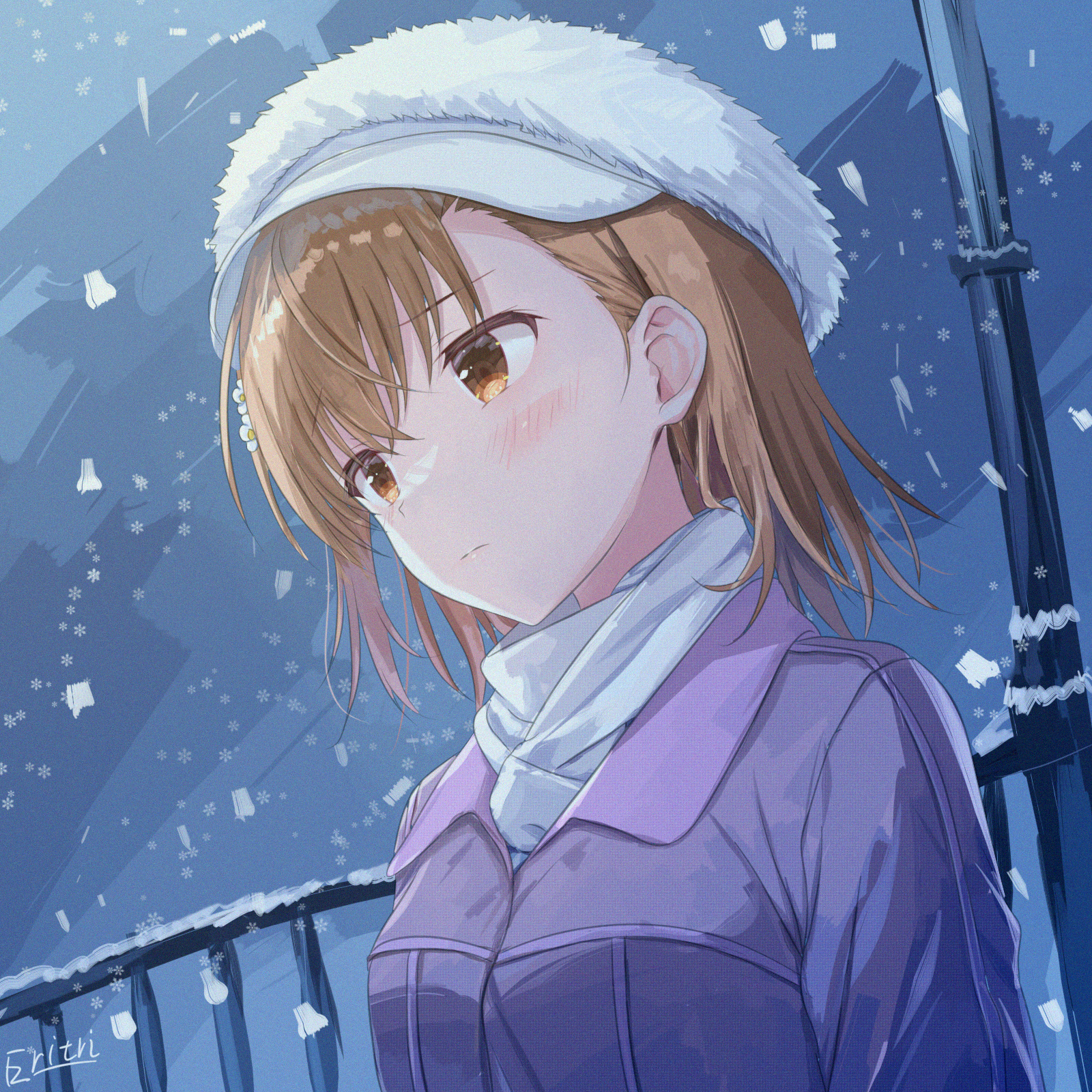 eritri, misaka mikoto, toaru kagaku no railgun, toaru majutsu no index, toaru majutsu no index: old testament, commentary, highres, 1girl, brown eyes, brown hair, closed mouth, collared jacket, hat, jacket, light blush, looking ahead, medium hair, outdoors, purple jacket, scarf, signature, snowing, solo, upper body, white hat, white scarf