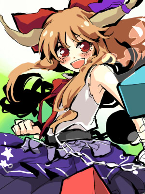popoin, ibuki suika, touhou, lowres, 1girl, chain, female focus, horns, orange hair, red eyes, ribbon, solo, standing