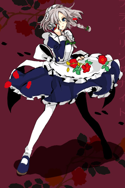 popoin, izayoi sakuya, touhou, silver hair, 1girl, between fingers, blue eyes, braid, female focus, flower, hair ribbon, holding, knife, maid, pantyhose, ribbon, solo, throwing knife, weapon
