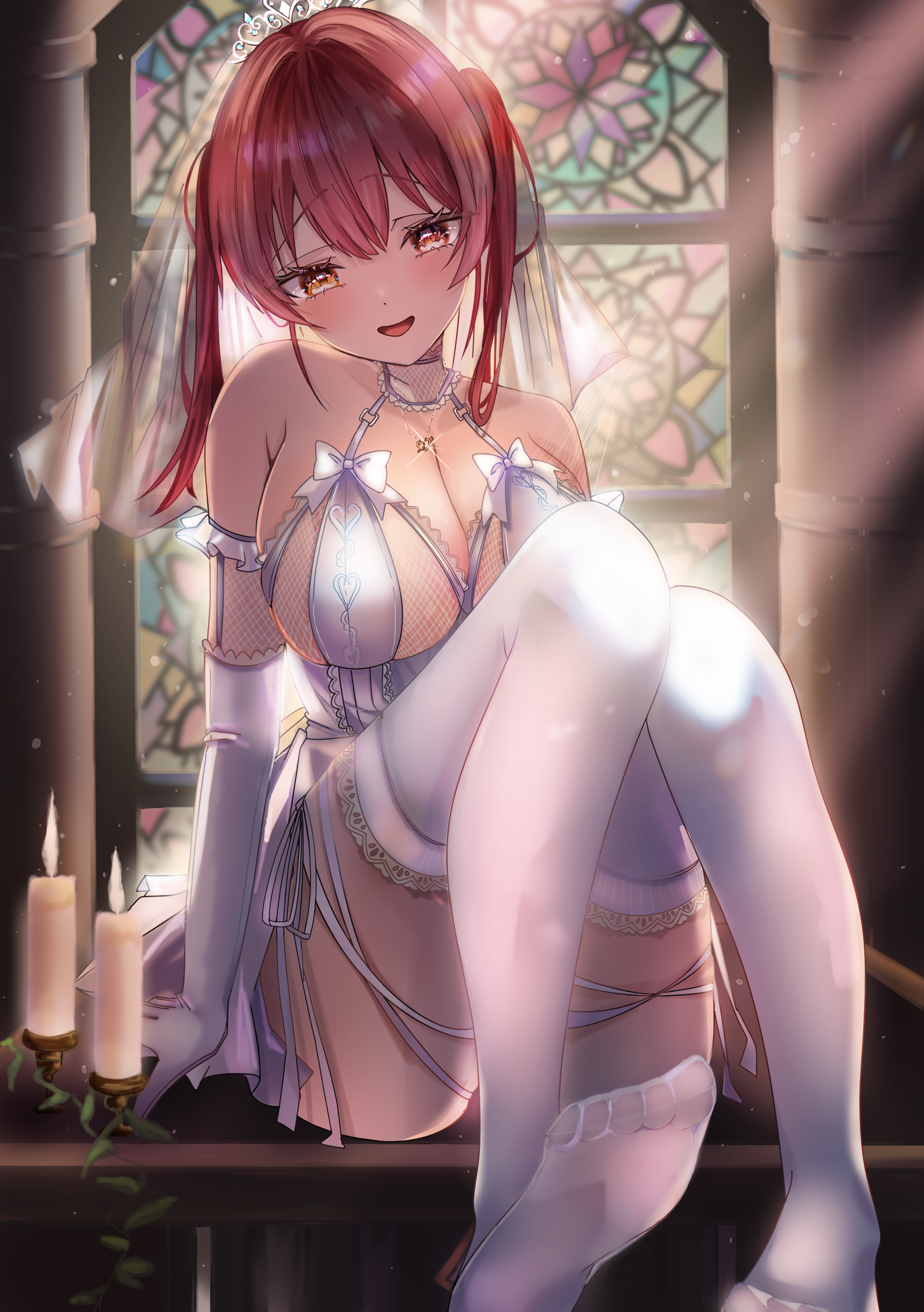 houshou marine, hololive, absurdres, highres, 1girl, bare shoulders, breasts, candle, cleavage, dress, elbow gloves, full body, glint, gloves, heterochromia, honnoshioriii, indoors, jewelry, large breasts, pendant, red eyes, red hair, revealing clothes, sitting, thighhighs, twintails, virtual youtuber, wedding dress, white dress, white thighhighs, yellow eyes
