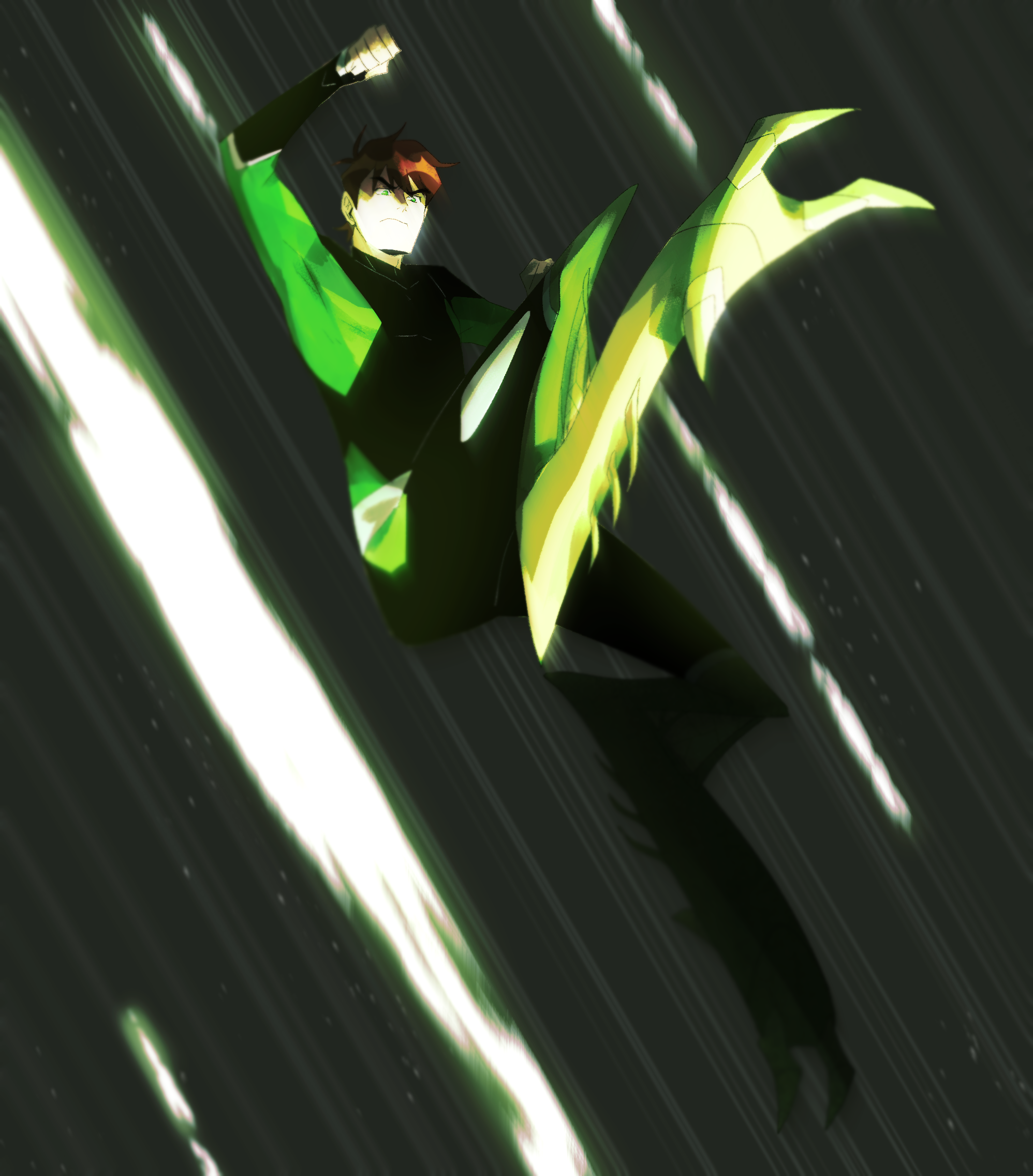 hiffuu, ben tennyson, ben 10, highres, 1boy, arthropod limbs, brown hair, bug, crashhopper, grasshopper, green eyes, insect, male focus, partial transformation, short hair, solo