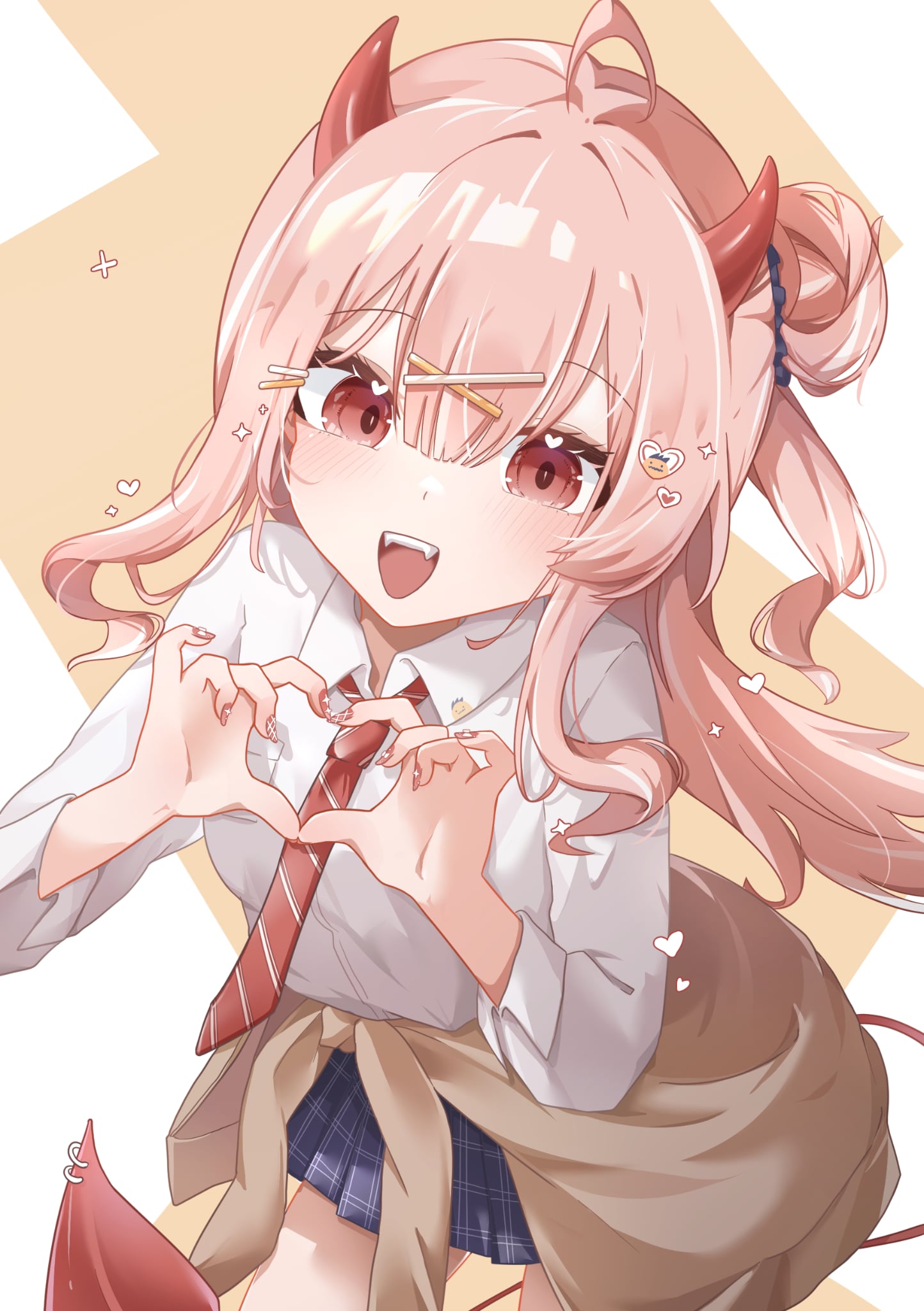 8 nana usagi, original, highres, 1girl, clothes around waist, hair ornament, heart, heart hands, horns, long hair, necktie, pink hair, red necktie, shirt, skirt, solo, white shirt