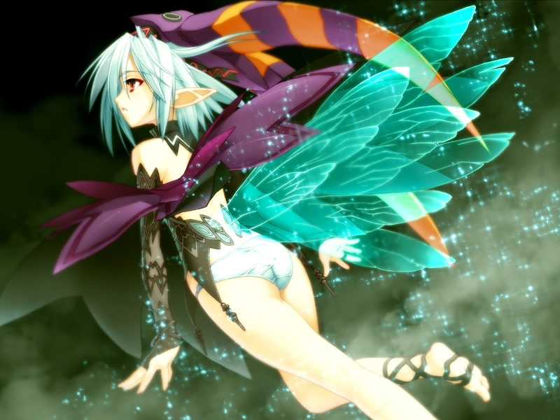 hazuki (demonbane), demonbane, 00s, 1girl, female focus, green hair, panties, pointy ears, solo, underwear, wings