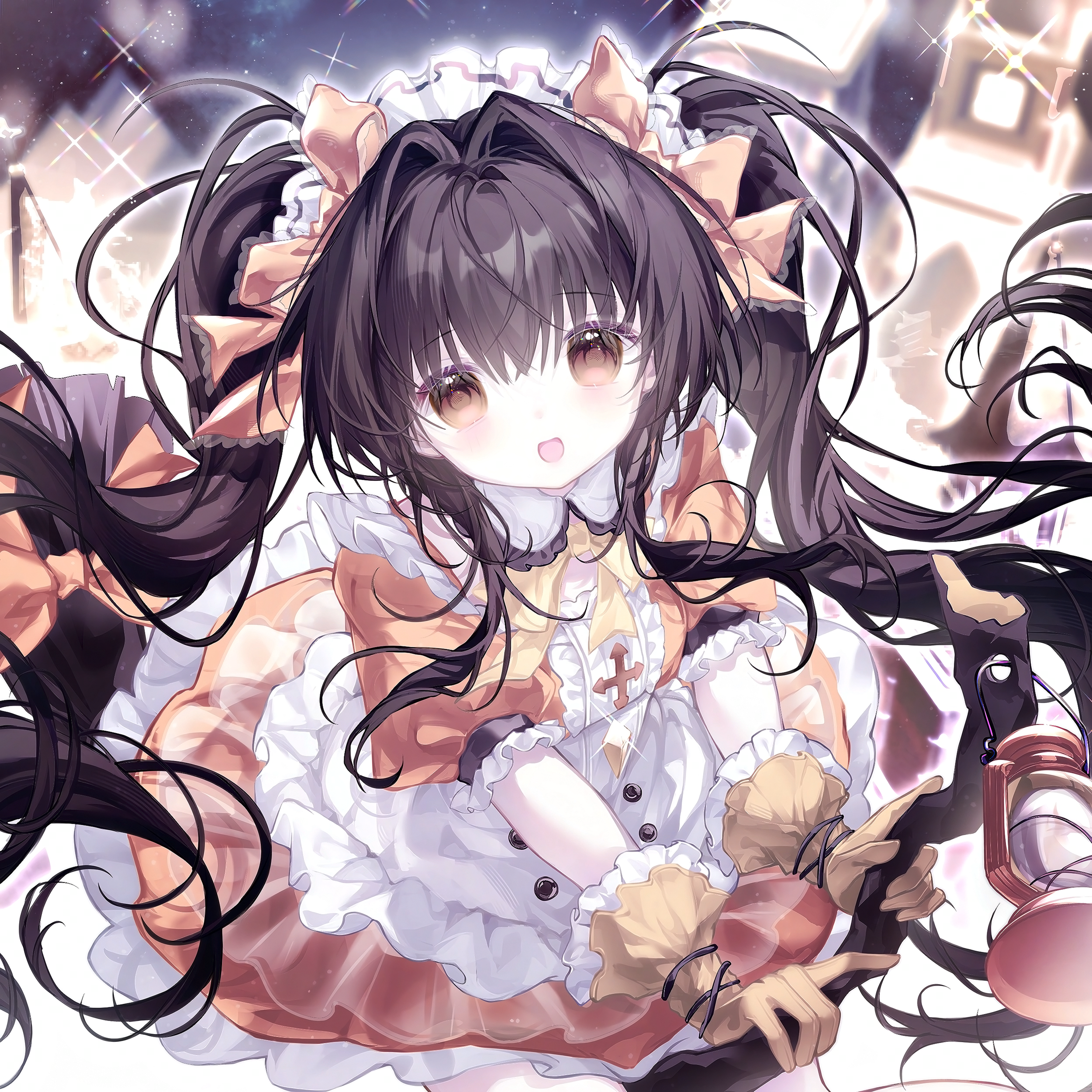camao, original, absurdres, highres, 1girl, apron, black hair, blurry, blurry background, blush, bow, brown eyes, brown gloves, collared dress, dress, frilled apron, frilled dress, frills, gloves, hair between eyes, hair bow, hair intakes, holding, long hair, looking at viewer, maid, maid apron, maid headdress, open mouth, puffy short sleeves, puffy sleeves, ribbon, short sleeves, smile, solo, sparkle, twintails, very long hair, white apron, yellow bow