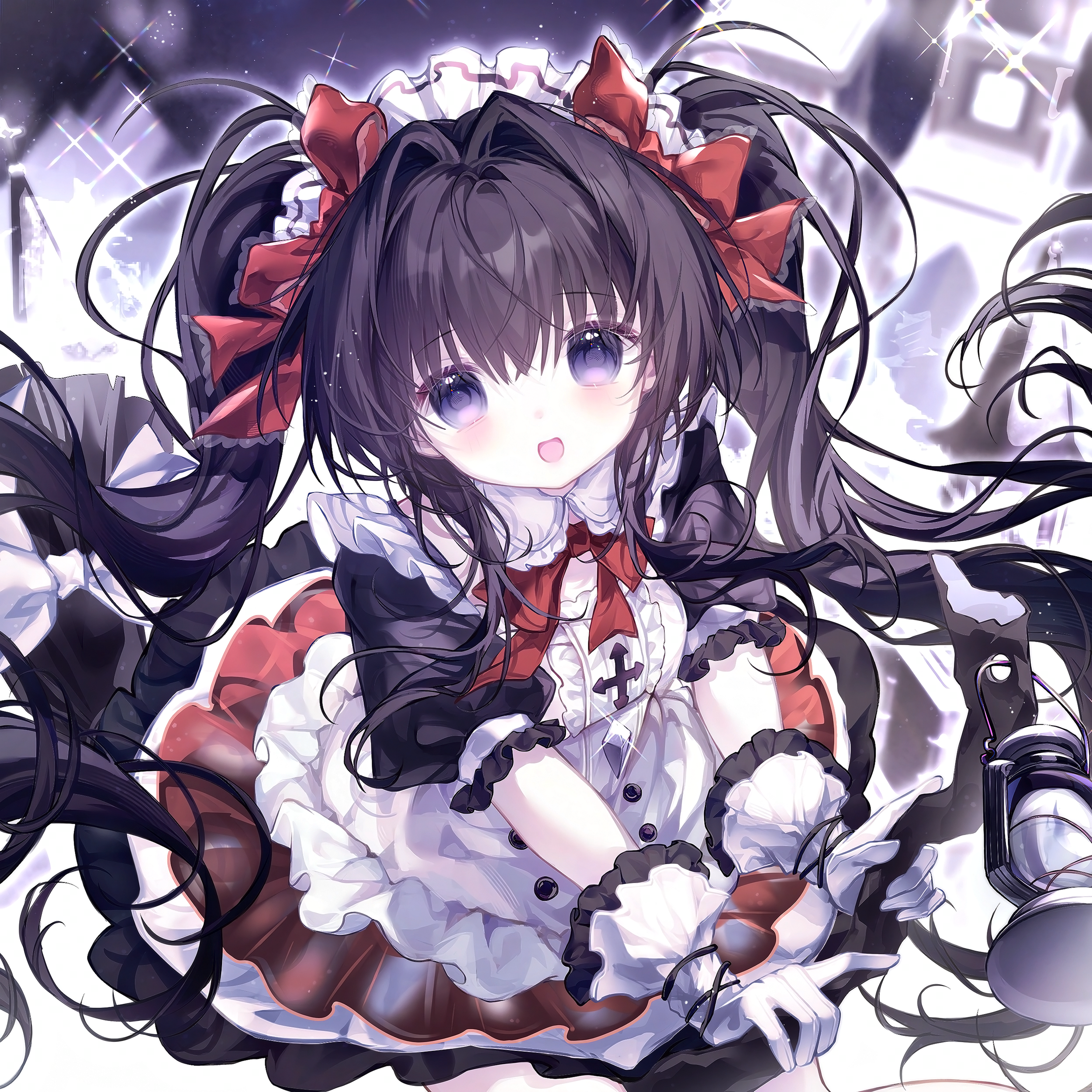 camao, original, absurdres, highres, 1girl, apron, black hair, blush, bow, center frills, dress, frilled apron, frills, gloves, hair between eyes, hair bow, hair intakes, long hair, looking at viewer, maid, maid headdress, open mouth, puffy short sleeves, puffy sleeves, purple eyes, red bow, red skirt, ribbon, shirt, short sleeves, skirt, smile, solo, twintails, very long hair, white apron, white gloves