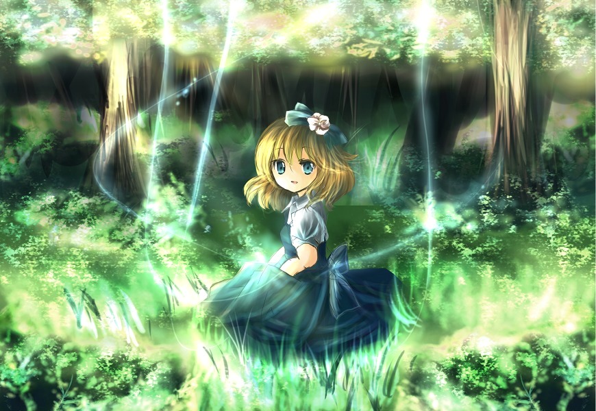 kohinata raichi, alice margatroid, alice margatroid (pc-98), mystic square, touhou, touhou (pc-98), bad id, bad pixiv id, 1girl, blonde hair, child, female focus, forest, nature, ribbon, short hair, solo