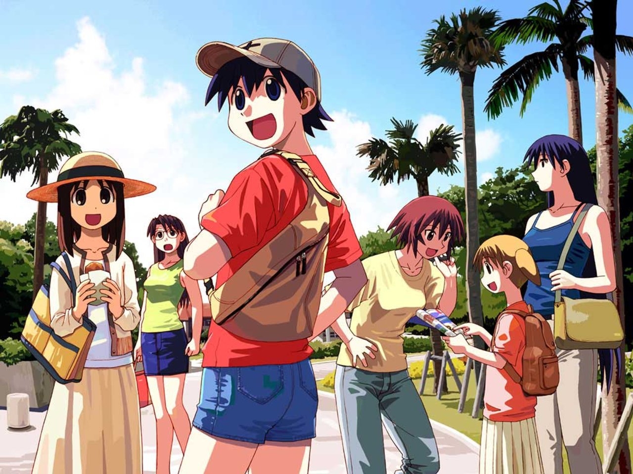 azuma kiyohiko, kagura, kagura (azumanga daioh), kasuga ayumu, mihama chiyo, mizuhara koyomi, sakaki (azumanga daioh), takino tomo, azumanga daiou, jpeg artifacts, official art, scan, 6+girls, bag, casual, child, denim, denim shorts, friends, handbag, hat, multiple girls, short twintails, shorts, twintails