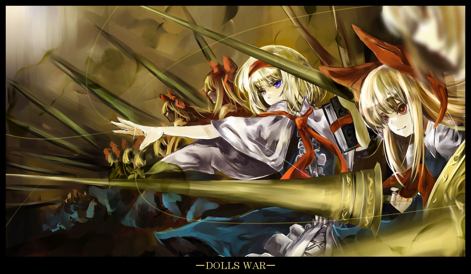 tomasu, tsurukame, alice margatroid, shanghai doll, touhou, 1girl, army, blonde hair, blue eyes, blurry, book, bow, depth of field, doll, female focus, group picture, group profile, hairband, lance, lineup, long hair, outstretched arm, outstretched hand, polearm, profile, red eyes, short hair, solo, spear, string, weapon