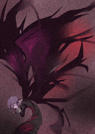 shuri (84k), crona (soul eater), soul eater, 00s, 1girl, androgynous, bent over, black dress, blood, covered face, cuff links, dress, female focus, from side, hands on own face, purple hair, short hair, solo, tears, wings