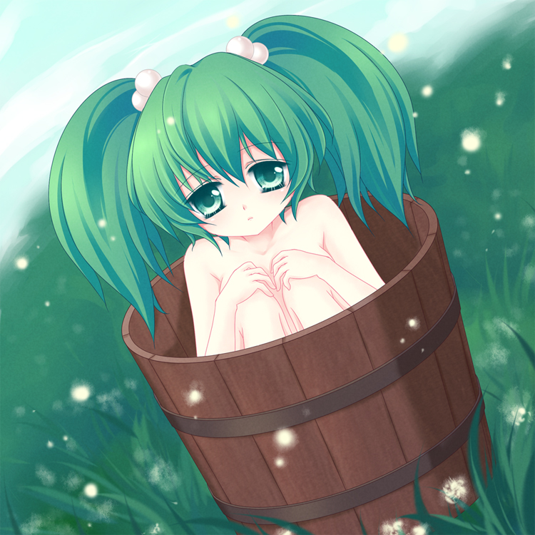 mikazuki sara, kisume, touhou, bad id, bad pixiv id, 1girl, bucket, completely nude, female focus, green eyes, green hair, hair bobbles, hair ornament, in bucket, in container, long hair, matching hair/eyes, nature, nude, outdoors, plant, sky, solo, twintails