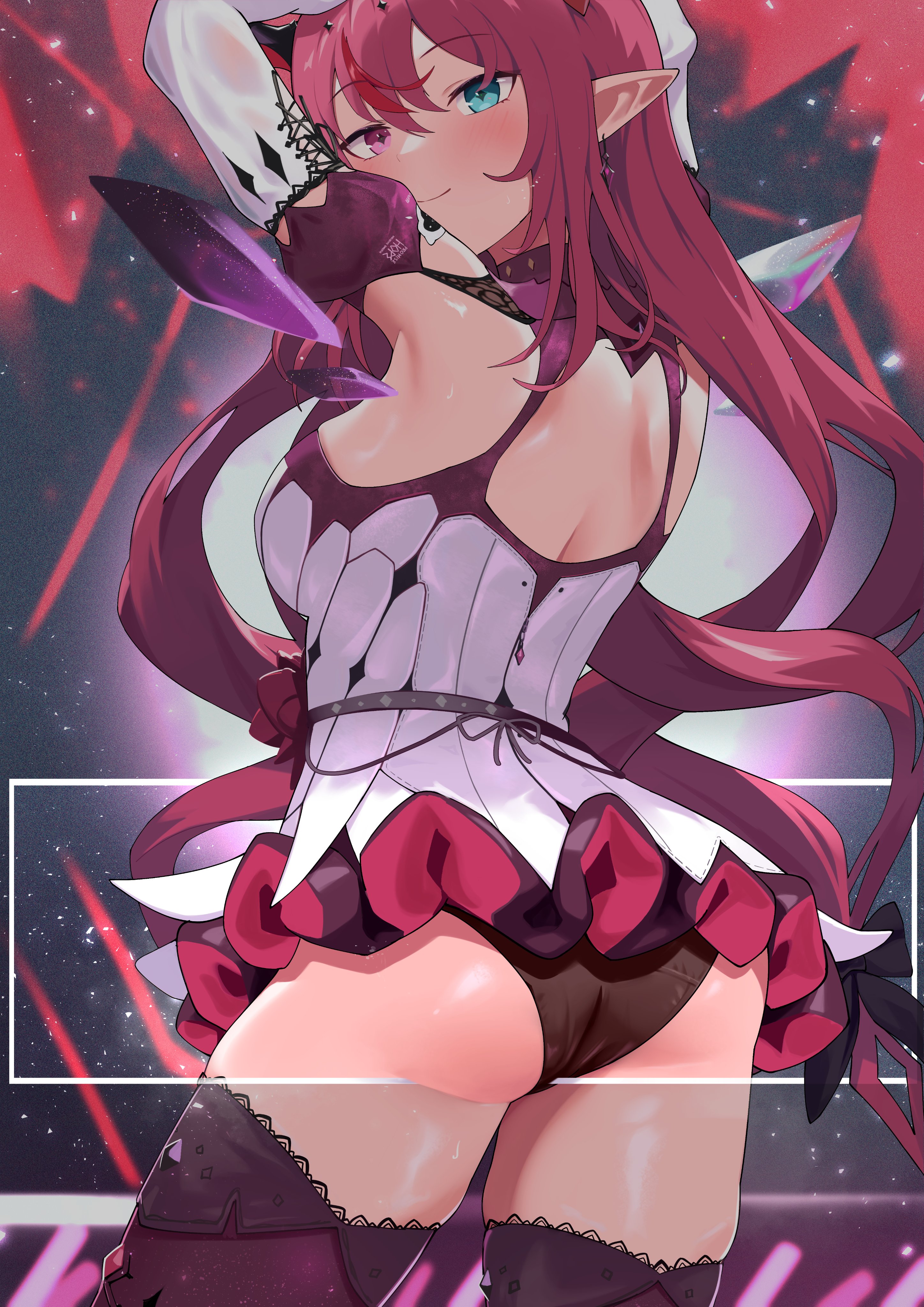 shift (shiftillust), irys (hololive), irys (irys 2.0) (hololive), hololive, hololive english, absurdres, commentary, english commentary, highres, revision, 1girl, arm up, ass, ass focus, black panties, blue eyes, blush, breasts, closed mouth, crystal wings, detached wings, dress, from behind, heterochromia, light particles, long hair, looking at viewer, looking back, medium breasts, microdress, panties, pointy ears, red eyes, red hair, smile, solo, thighhighs, thighs, underwear, virtual youtuber, wings
