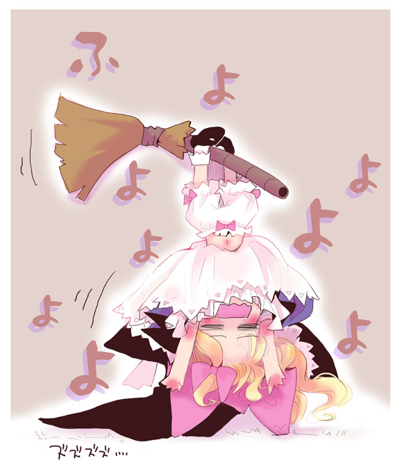 usoneko, kirisame marisa, touhou, 1girl, blonde hair, bloomers, broom, broom riding, chibi, female focus, solo, underwear, upside-down