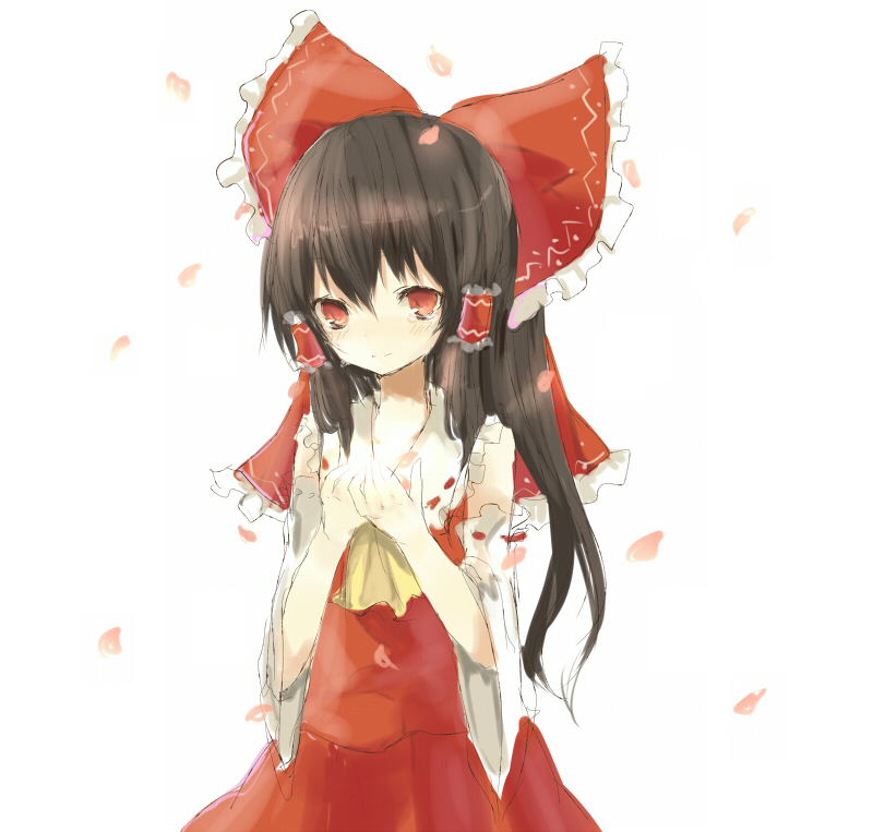 tetsuo (tashirosu), hakurei reimu, touhou, 1girl, blush, female focus, light smile, petals, sketch, solo, tears