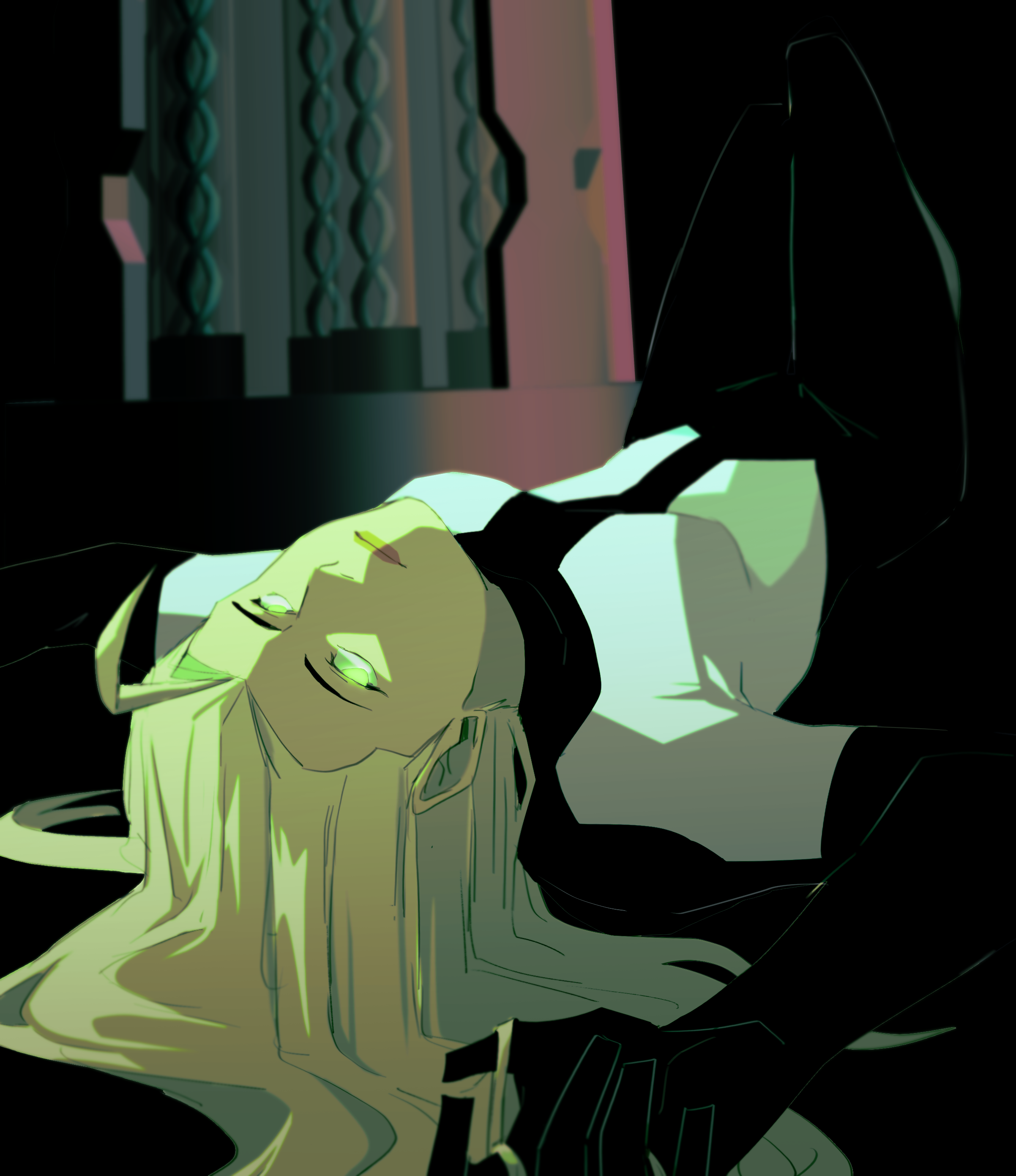hiffuu, eunice, ben 10, ben 10: alien force, absurdres, highres, 1girl, blonde hair, closed mouth, glowing, glowing eyes, green eyes, long hair, lying, on back, solo