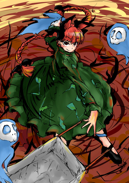 fechirin, kaenbyou rin, zombie fairy (touhou), touhou, 1girl, braid, female focus, red hair, solo, twin braids, wheelbarrow