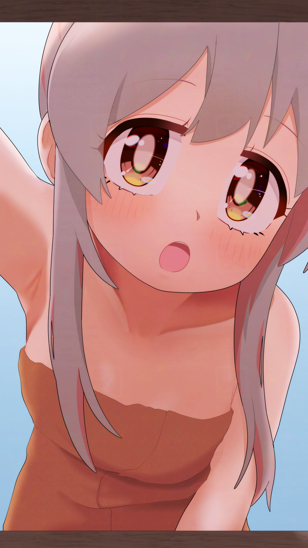 happyundergate, oyama mahiro, onii-chan wa oshimai!, commentary, highres, 1girl, :o, armpits, bare arms, bare shoulders, blue background, blush, breasts, brown eyes, collarbone, grey hair, leaning forward, letterboxed, long hair, looking at viewer, multicolored hair, naked towel, open mouth, pink hair, reaching, reaching towards viewer, sidelocks, simple background, small breasts, solo, towel, two-tone hair