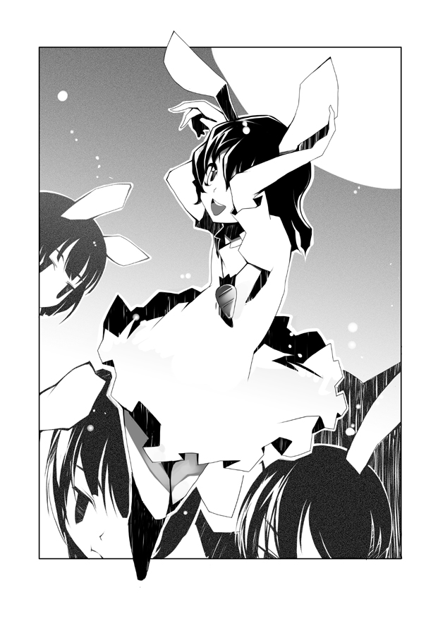 shimadoriru, inaba tewi, touhou, 4girls, :d, animal ears, arms up, blunt bangs, carrot necklace, dress, female focus, full moon, greyscale, jewelry, looking at viewer, monochrome, moon, multiple girls, necklace, open mouth, puffy short sleeves, puffy sleeves, rabbit ears, short hair, short sleeves, smile, solo focus