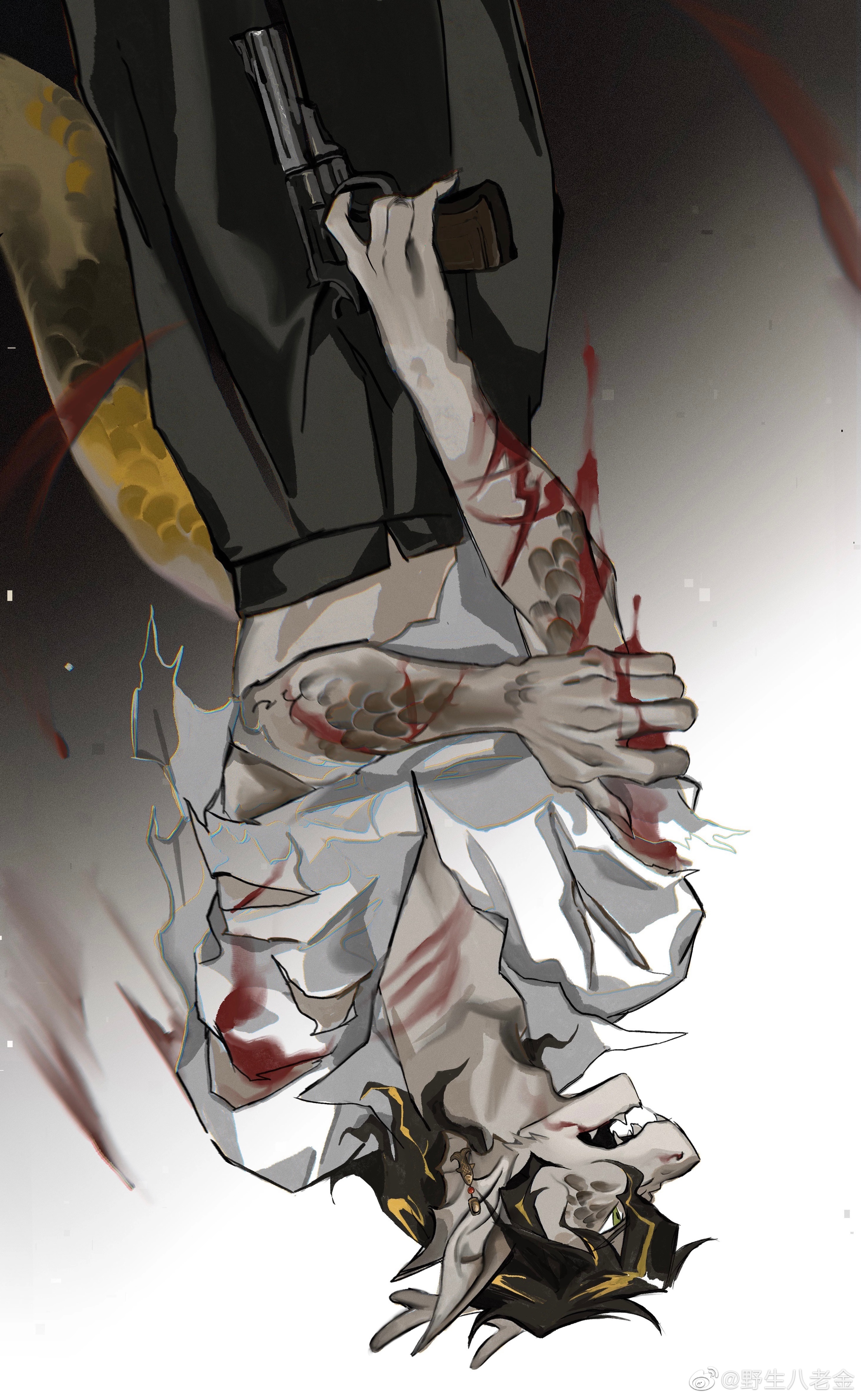 guaili bajin, lee (arknights), arknights, absurdres, highres, 1boy, black hair, black pants, blood, dragon boy, dragon tail, earrings, fish earrings, gradient background, green eyes, gun, handgun, holding, holding gun, holding own arm, holding weapon, injury, jewelry, male focus, pants, pointy ears, scales, solo, tail, upside-down, weapon