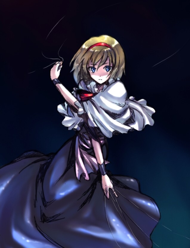 onimaru gonpei, alice margatroid, touhou, 1girl, blonde hair, blue eyes, capelet, female focus, short hair, solo
