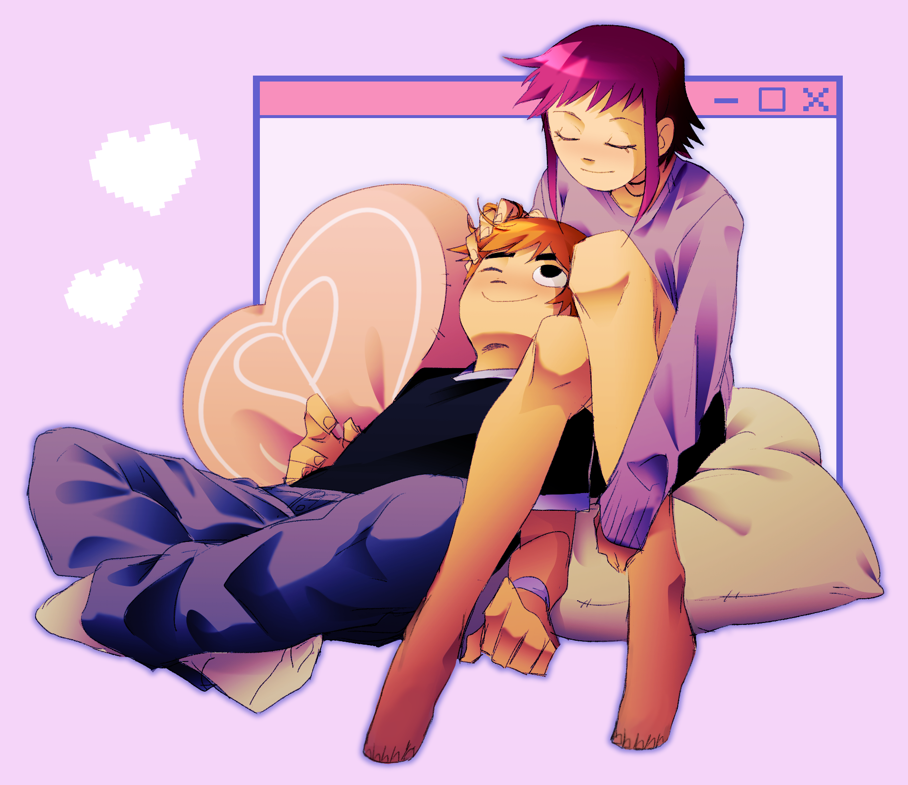 hiffuu, ramona flowers, scott pilgrim, scott pilgrim (series), highres, 1boy, 1girl, black eyes, blush, closed eyes, heart, heart-shaped pillow, hetero, one eye closed, pillow, purple hair, purple sweater, sidelocks, sitting on pillow, sweater