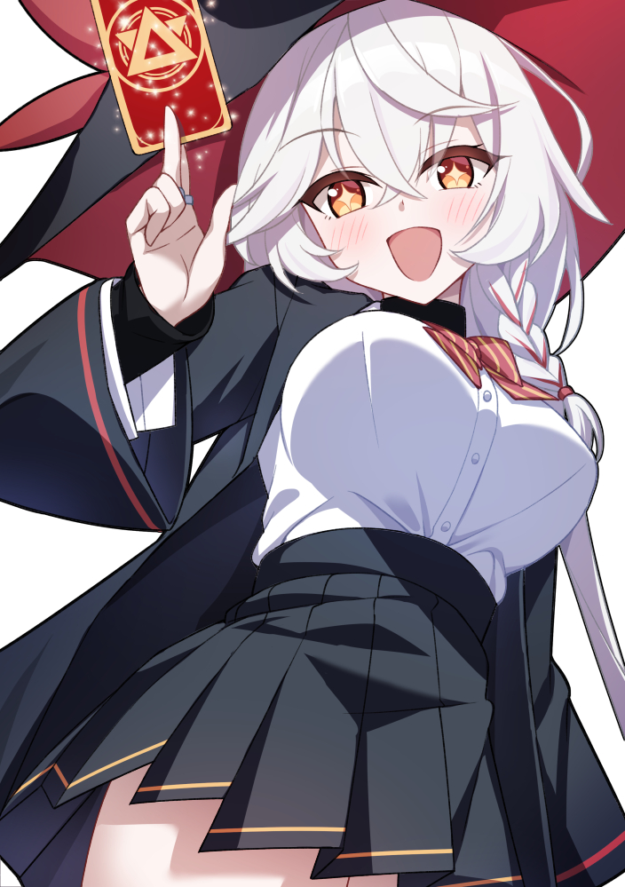 nanoyo, eri (blue archive), blue archive, commentary request, paid reward available, + +, 1girl, :d, black hat, black robe, black skirt, blush, bow, bowtie, braid, breasts, buttons, card, cowboy shot, crossed bangs, diagonal-striped bow, diagonal-striped bowtie, diagonal-striped clothes, dress shirt, excited, eyelashes, eyes visible through hair, from below, grey hair, hair between eyes, hand up, hat, holding, holding card, jewelry, large breasts, light particles, long hair, long sleeves, looking at viewer, miniskirt, multiple rings, open clothes, open mouth, open robe, orange eyes, pleated skirt, red bow, red bowtie, ring, robe, school uniform, shirt, simple background, single braid, skirt, smile, solo, striped bow, striped bowtie, striped clothes, tarot, tarot card, tsurime, two-sided fabric, two-sided headwear, white background, white shirt, wide sleeves, witch, witch hat