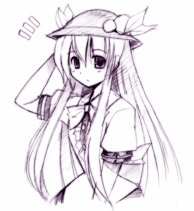 seo tatsuya, hinanawi tenshi, touhou, 1girl, female focus, hat, long hair, monochrome, purple theme, solo