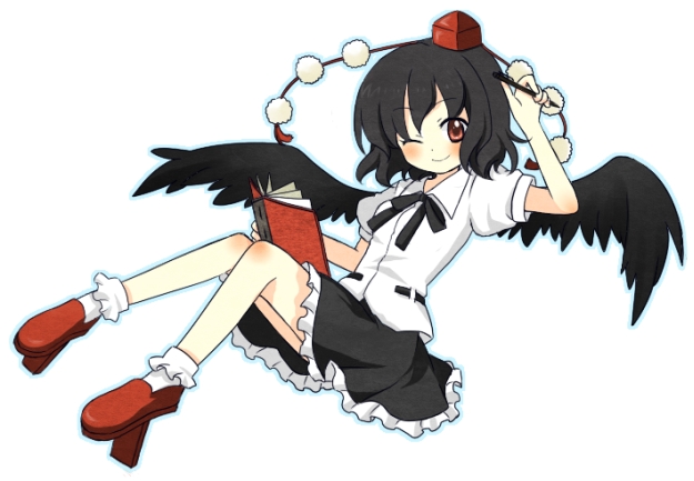 tamaki (209), shameimaru aya, touhou, 1girl, black hair, black wings, bobby socks, female focus, geta, hat, notebook, one eye closed, pencil, red eyes, short hair, simple background, smile, socks, solo, tengu-geta, tokin hat, wings