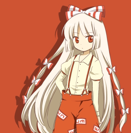 tamaki (209), fujiwara no mokou, touhou, lowres, 1girl, :/, bow, female focus, hair bow, hand on own hip, hime cut, long hair, multiple hair bows, red eyes, ribbon, simple background, solo, white hair
