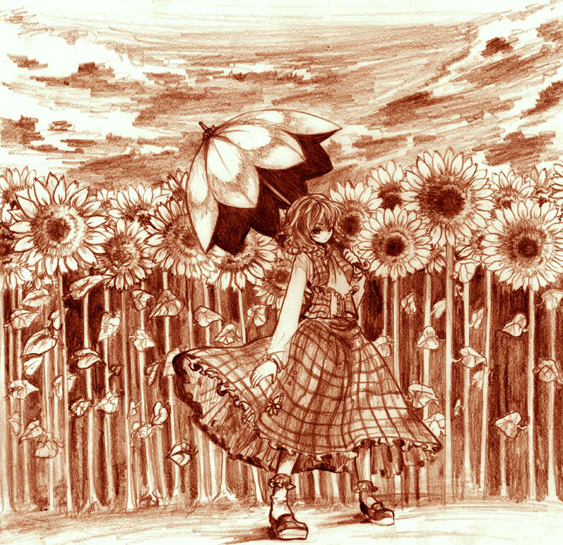 shiina aya, kazami yuuka, touhou, 1girl, ascot, brown theme, cloud, female focus, field, flower, flower field, loafers, monochrome, nature, parasol, plaid clothes, plaid skirt, plaid vest, sepia, shoes, short hair, skirt, skirt set, solo, standing, sunflower, sunflower field, umbrella, vest