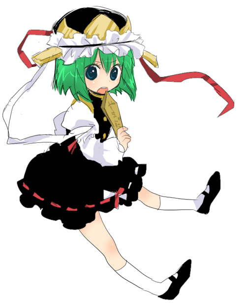 machiko (beard), shiki eiki, touhou, 1girl, blue eyes, female focus, full body, green hair, hat, rod of remorse, short hair, simple background, solo, white background