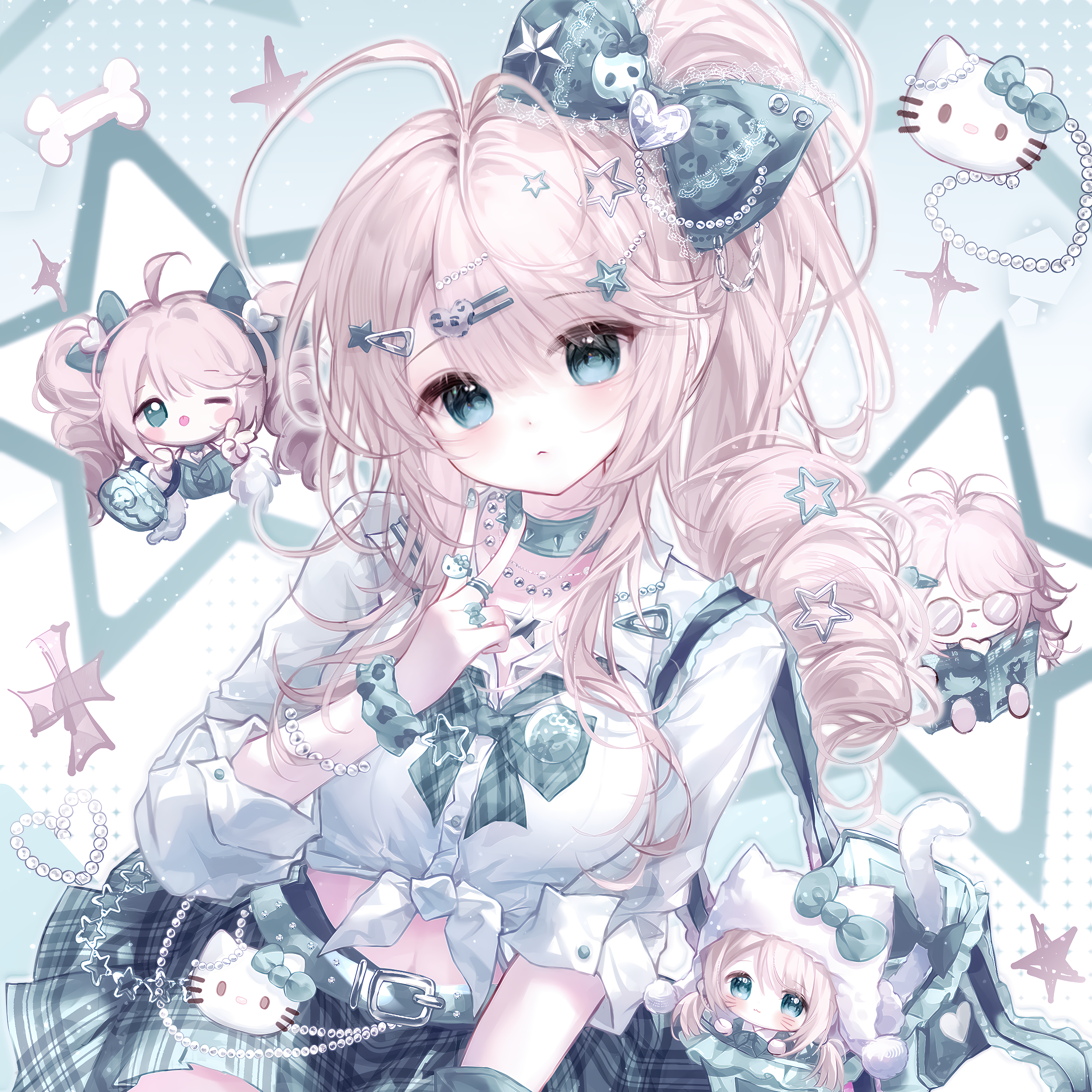 camao, original, absurdres, highres, 1girl, ahoge, bag, beads, belt, blue eyes, blush, bow, bracelet, breasts, chibi, choker, drill hair, glasses, hair bow, hair ornament, hairclip, heart, jewelry, long hair, looking at viewer, multiple girls, necklace, one eye closed, pink hair, ring, shirt, side ponytail, skirt, star (symbol), star hair ornament, star symbol, white shirt