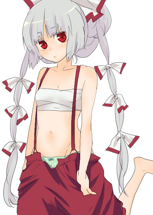 machiko (beard), fujiwara no mokou, touhou, silver hair, 1girl, alternate hairstyle, barefoot, female focus, green panties, no shirt, panties, pants, polka dot, polka dot panties, red eyes, sarashi, solo, suspenders, twintails, underwear