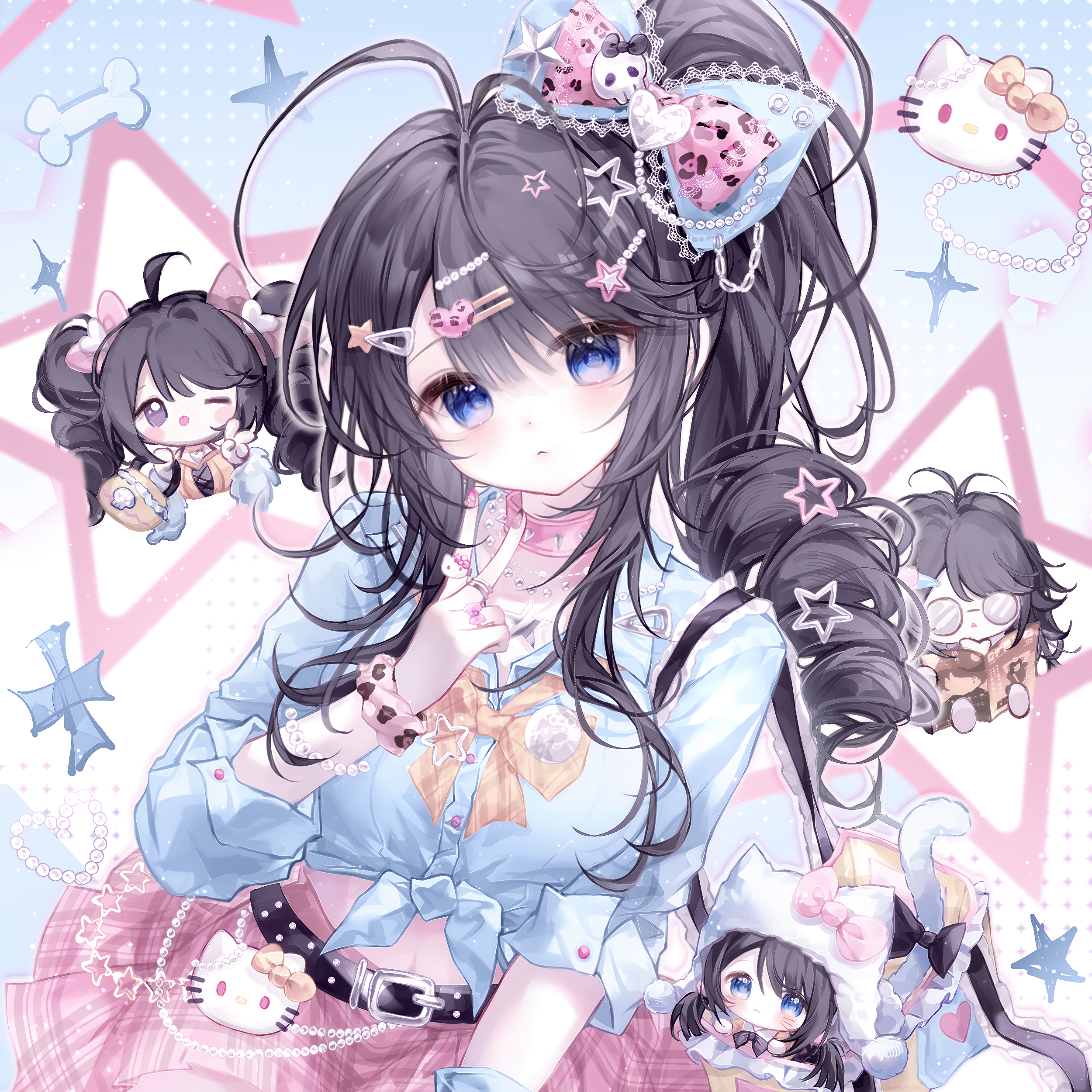 camao, original, absurdres, highres, 1girl, ahoge, antenna hair, bag, beads, belt, black hair, blue eyes, blue shirt, book, bow, bracelet, chibi, drill hair, glasses, hair bow, hair ornament, hairclip, holding, jewelry, long hair, looking at viewer, necklace, one eye closed, pink skirt, ring, shirt, skirt, star symbol