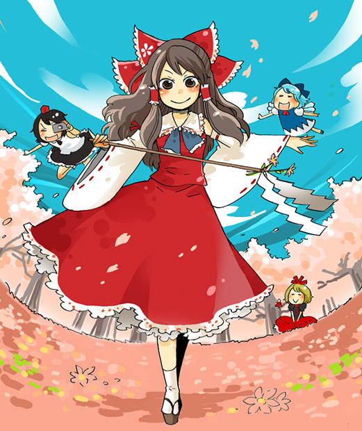 mashuu masaki, cirno, hakurei reimu, medicine melancholy, shameimaru aya, su-san, touhou, 4girls, brown eyes, brown hair, cherry blossoms, chibi, collar, detached sleeves, female focus, full body, hair tubes, long sleeves, looking at viewer, multiple girls, petals, red skirt, ribbon-trimmed sleeves, ribbon trim, sidelocks, skirt, spring (season), standing, vest, wind