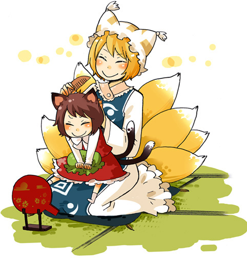 mashuu masaki, chen, yakumo ran, touhou, 2girls, :>, animal ears, animal hat, blonde hair, blush, brown hair, cat ears, cat girl, cat tail, closed eyes, comb, female focus, fox tail, hat, long sleeves, mirror, mob cap, multiple girls, multiple tails, on lap, short hair, sitting, size difference, smile, socks, tail, tassel, unworn hat, unworn headwear, wariza, white background, wide sleeves