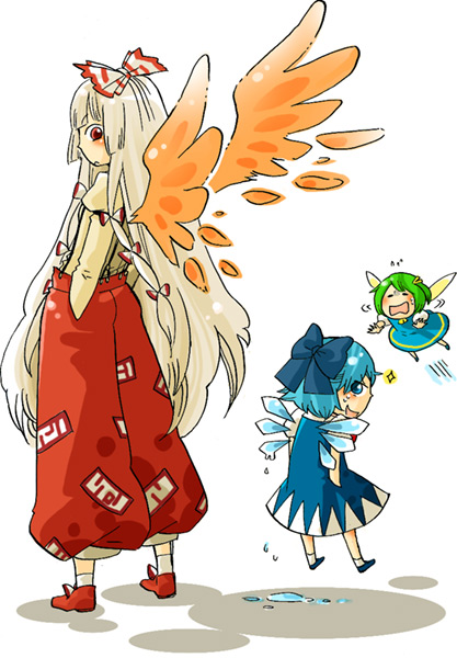 mashuu masaki, cirno, daiyousei, fujiwara no mokou, touhou, 3girls, blue bow, blue hair, bow, child, female focus, fiery wings, fire, green hair, hair bow, hand in pocket, height difference, ice, ice wings, long hair, looking at viewer, looking back, melting, multiple girls, pants, side ponytail, simple background, skirt, sweat, very long hair, white background, white hair, wings
