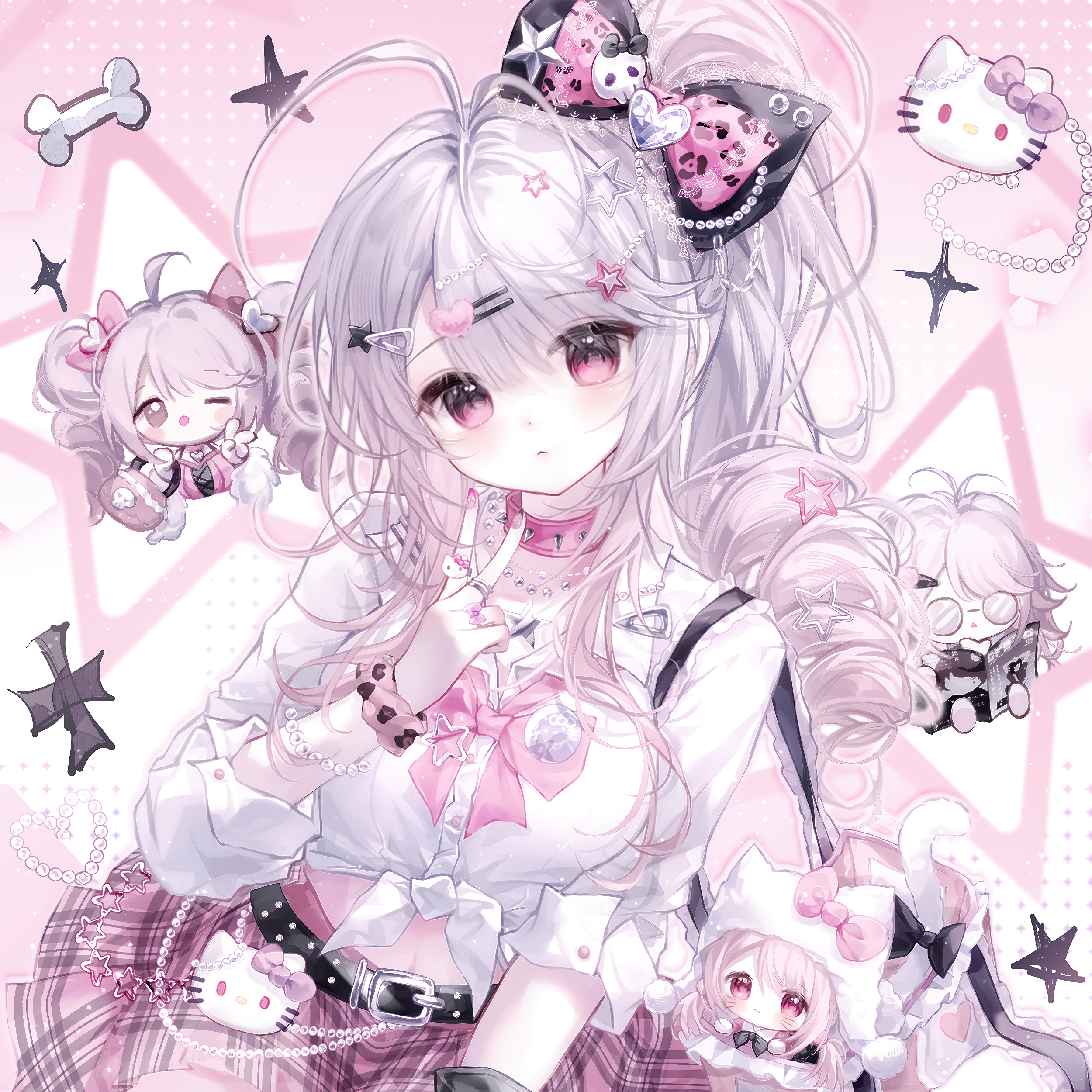 camao, original, absurdres, highres, 1girl, ahoge, bag, beads, belt, bow, bracelet, chibi, collar, drill hair, glasses, hair bow, hair ornament, hairclip, jewelry, long hair, looking at viewer, necklace, one eye closed, pink eyes, pink hair, pink skirt, ring, shirt, skirt, star symbol, white hair, white shirt