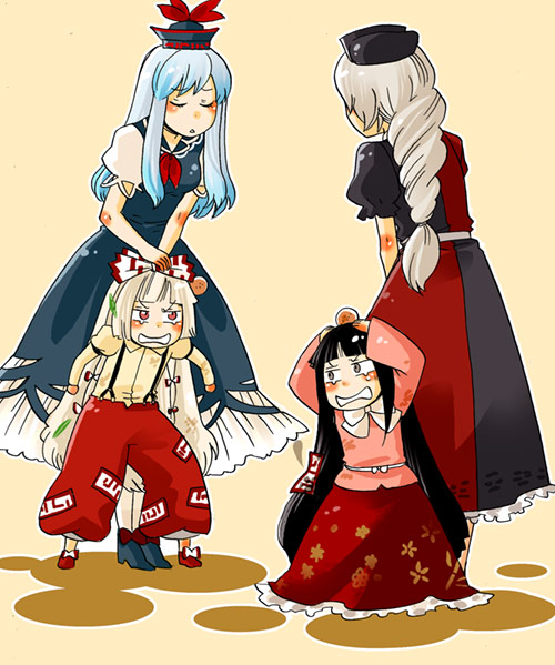 mashuu masaki, fujiwara no mokou, houraisan kaguya, kamishirasawa keine, yagokoro eirin, touhou, 4girls, aged down, child, female focus, head bump, injury, multiple girls, rivalry, tears