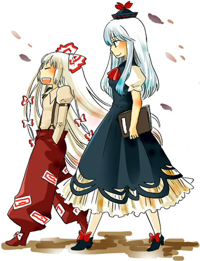 mashuu masaki, fujiwara no mokou, kamishirasawa keine, touhou, 2girls, arm garter, blue hair, book, bow, dress, female focus, gradient hair, hair bow, hands in pockets, hat, height difference, long hair, multicolored hair, multiple girls, multiple hair bows, suspenders, very long hair, white hair